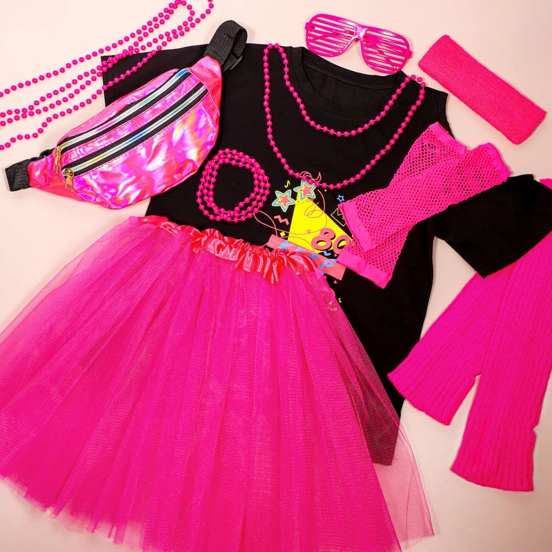 SOMSOC 13 Pieces Kids 80s Costume Accessories Set Girl's 80s Cosplay T-shirt Tutu Outfit Headband Necklace Gloves Leg Warmer - Image 5